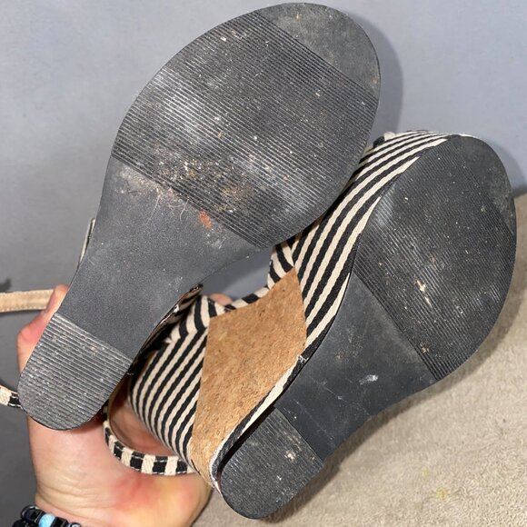 Forever 21 Striped Cork Wedge Heels | Nautical Black White Ankle Strap Sandals 8 - Picture 7 of 10